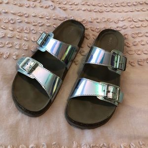 Madden Girl Rainbow Holographic Slide Sandals